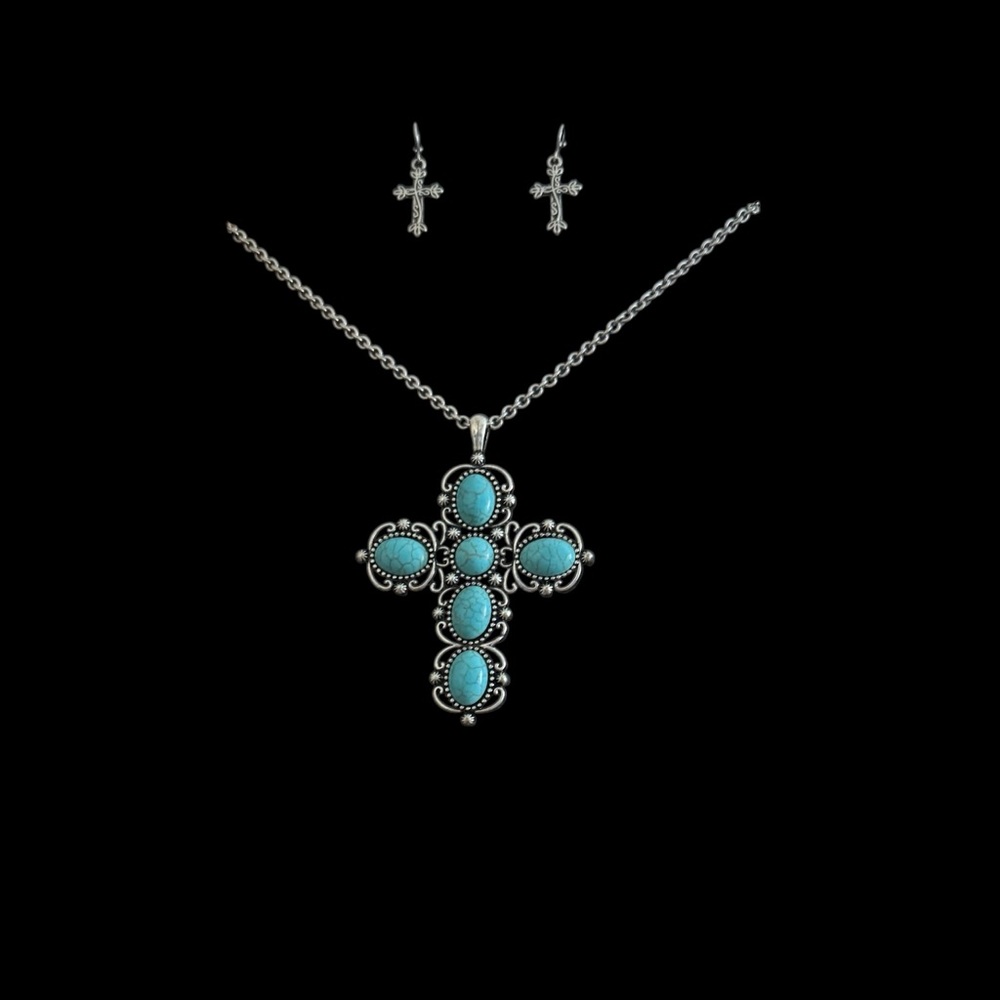 Turquoise Cross Necklace and Earring Set